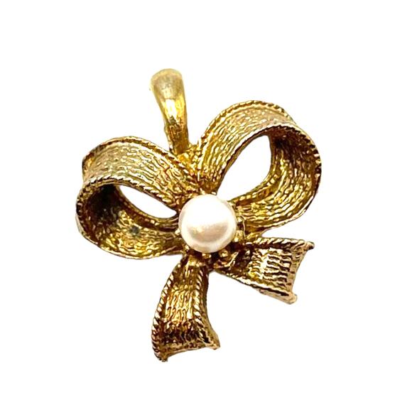 Vintage Gold tone bow with Pearl pendant - Picture 1 of 8
